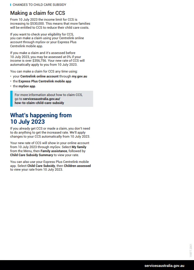 Second page of the Services Australia Child Care Subsidy changes fact sheet