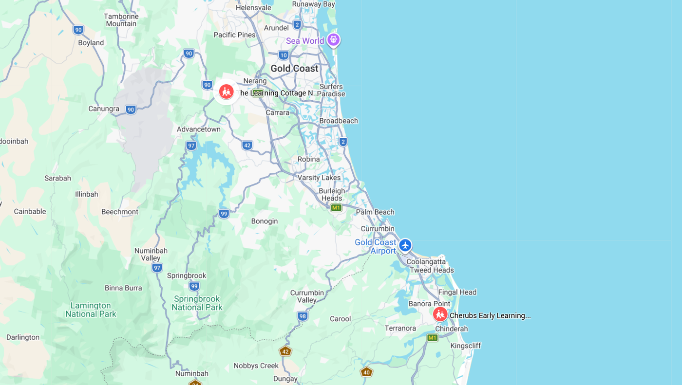 Map showing Cherubs Banora Point in the Tweed and Cherubs Nerang on the Gold Coast